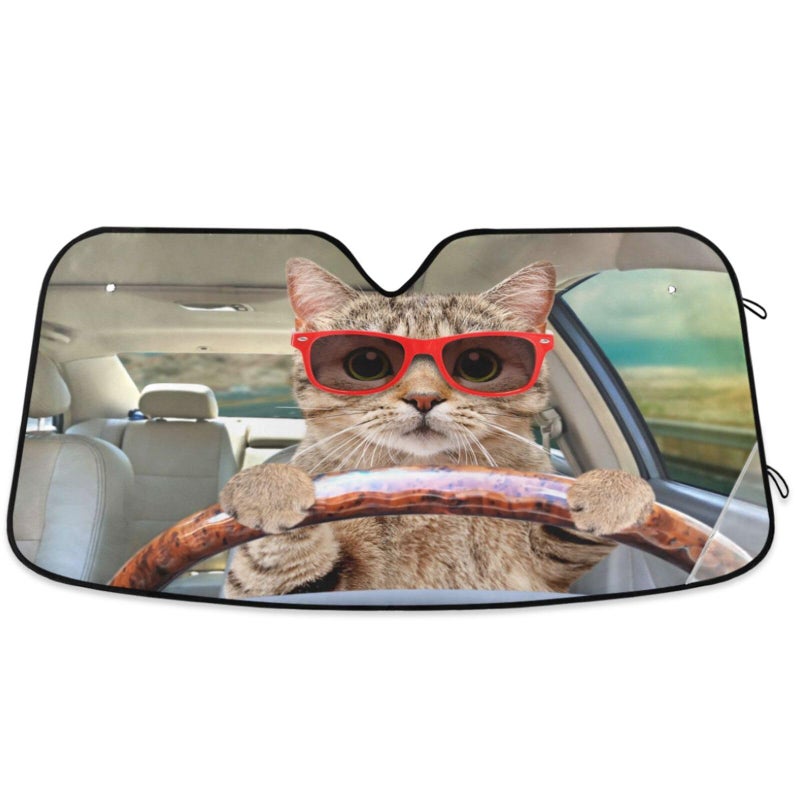 Oarencol Fun Cute Cat Driving Car Windshield Sun Shade Foldable UV Ray Sun Visor Protector Sunshade to Keep Your Vehicle Cool (55" x 27.6") - Image 1